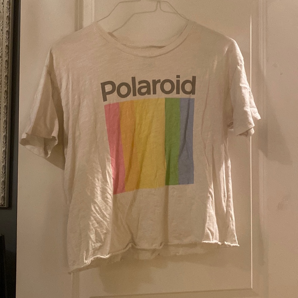 White Polaroid shirt. Rainbow details.